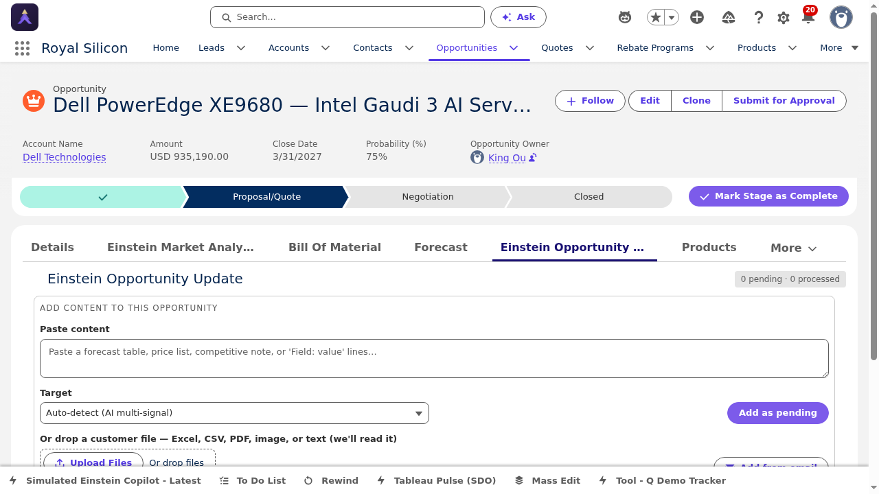 Einstein Opportunity Update Tab