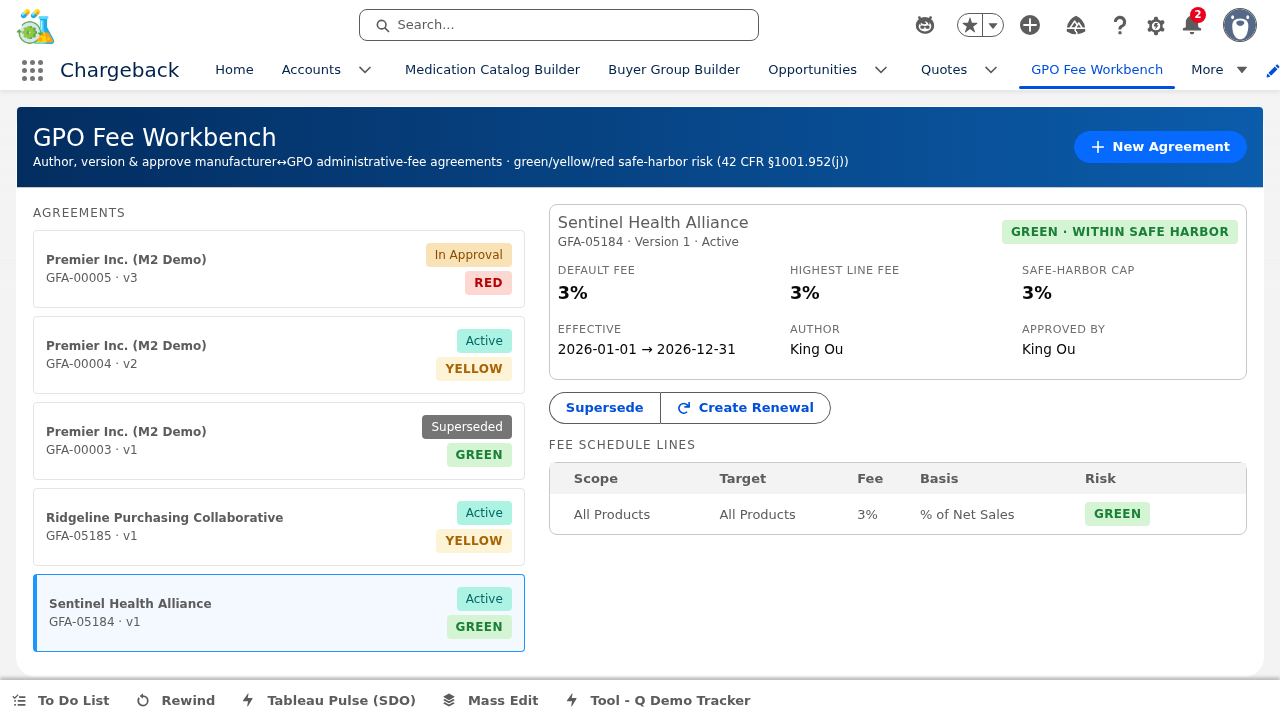 Sentinel Health Alliance GPO fee schedule GREEN safe harbor
