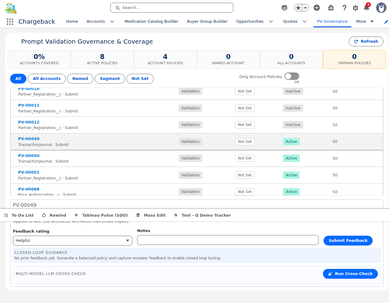 Prompt Validation Governance — policy detail with blast radius and feedback