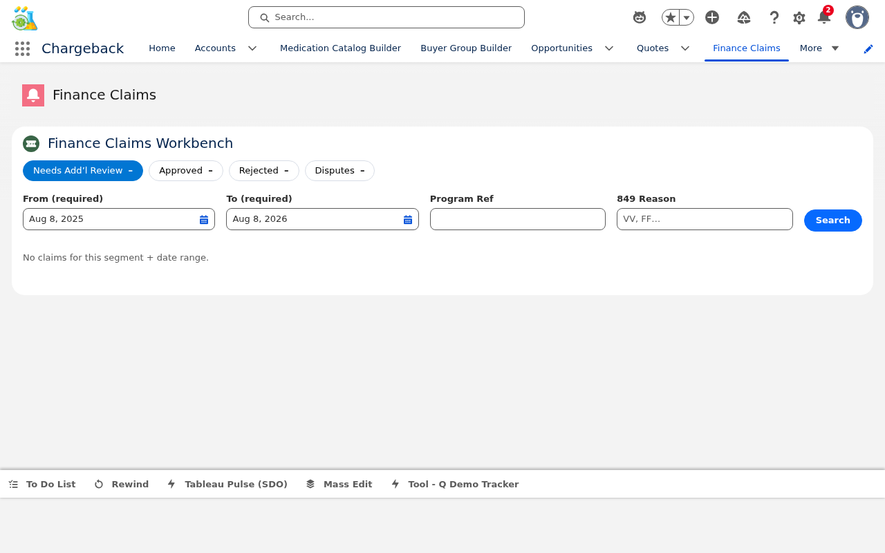 Finance Claims Workbench main view