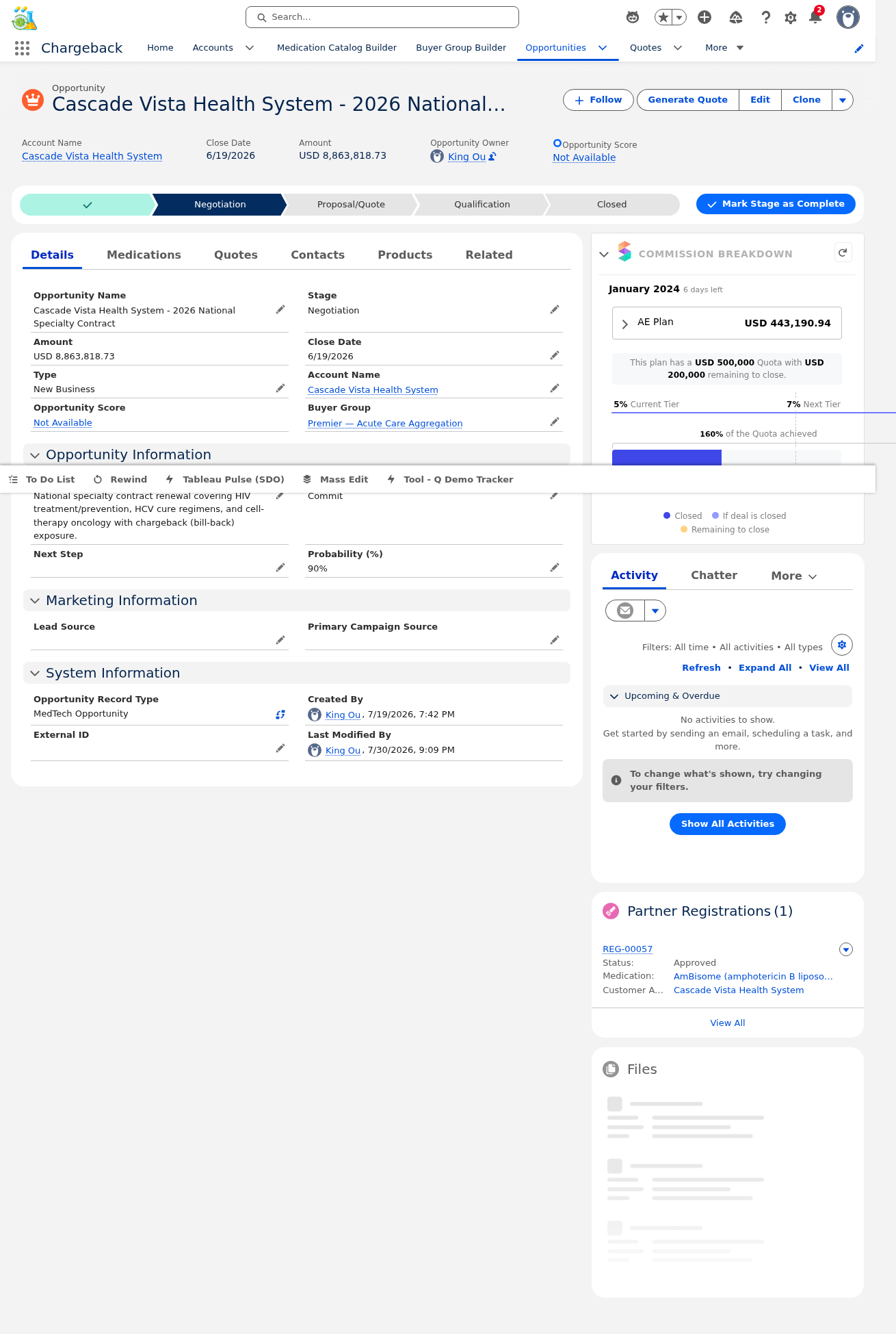Cascade Vista Health System opportunity record page with path, details, and commission