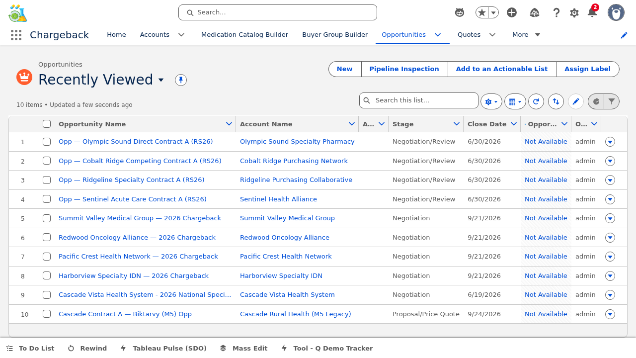 Opportunity list view showing key deals
