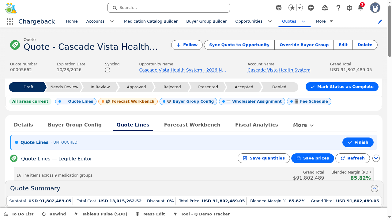 Quote Lines showing medication packaging details with SKU codes, NDC numbers