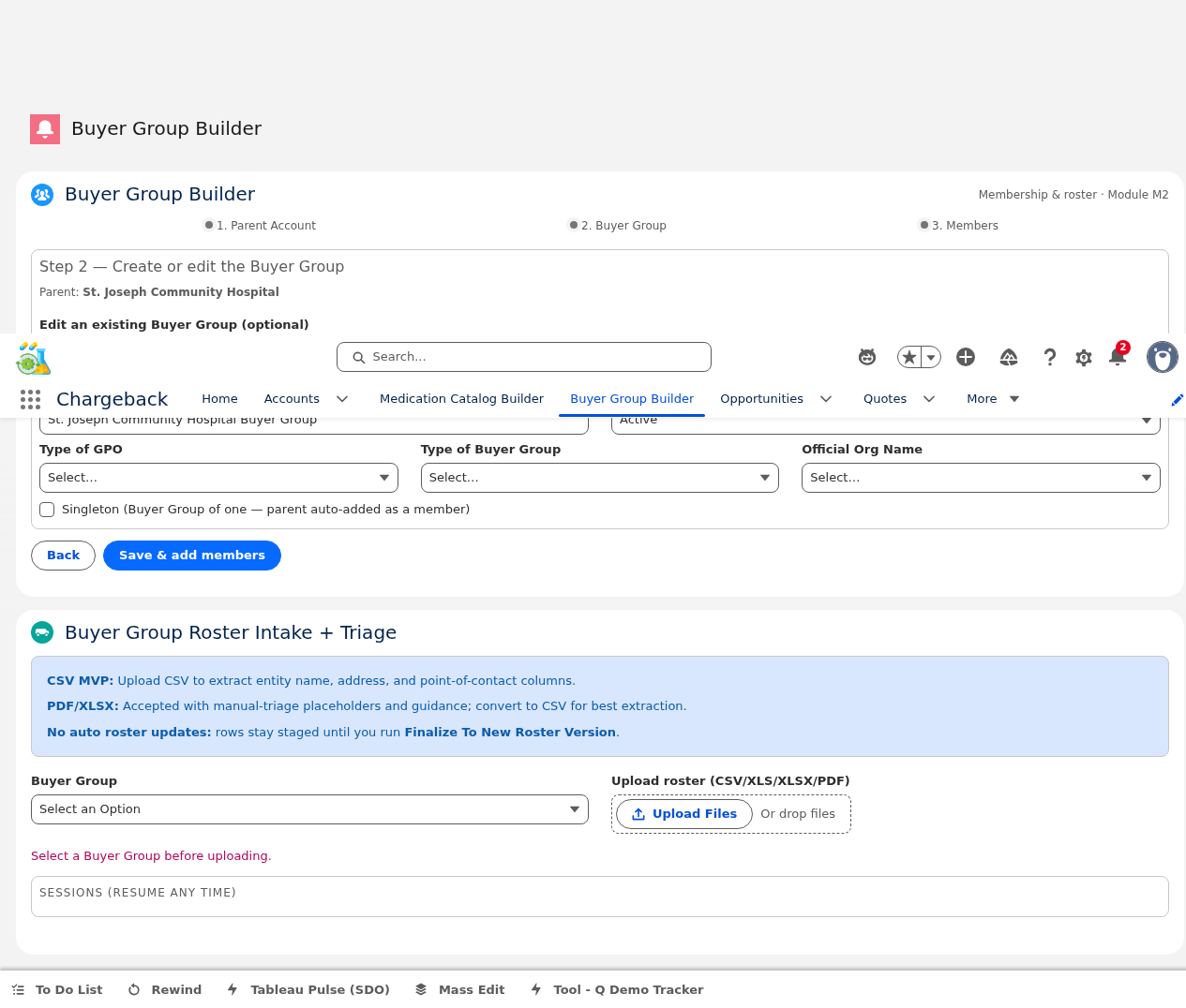 Buyer Group Builder — wizard step 2 with buyer group form and roster intake