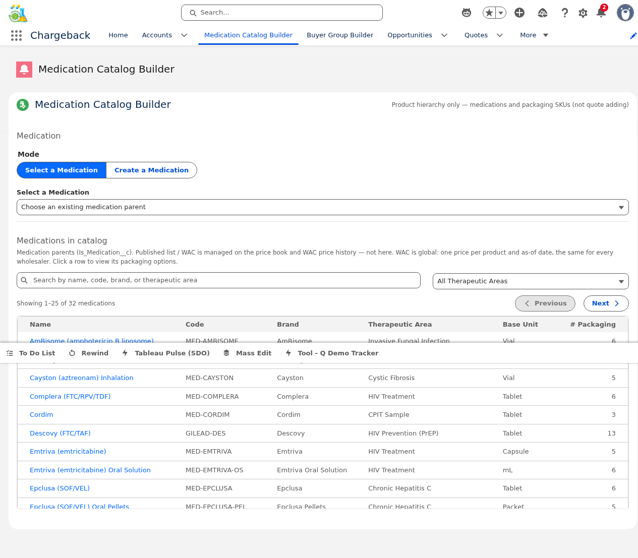 Medication Catalog Builder — main catalog table with search and therapeutic area filter