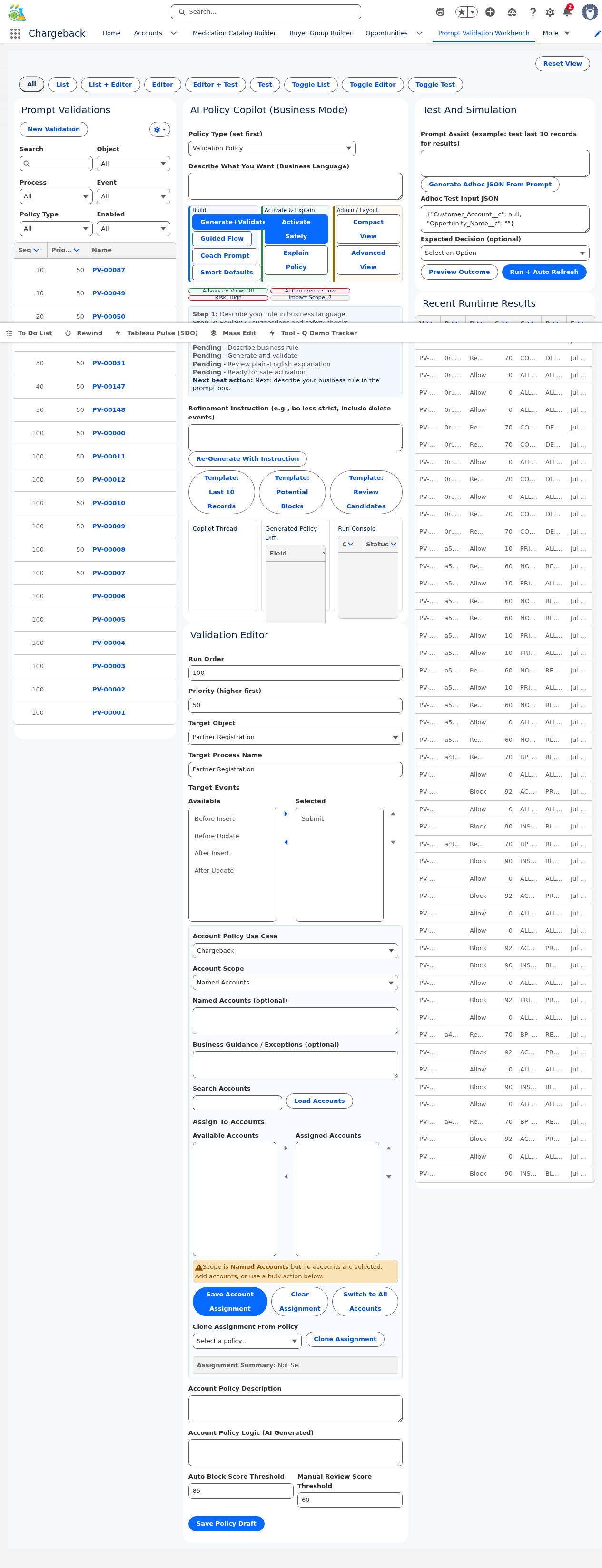 Prompt Validation Workbench — rule list view with filters and editor panels