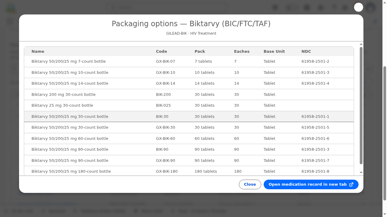 Medication Catalog Builder — Biktarvy packaging options modal with NDC codes