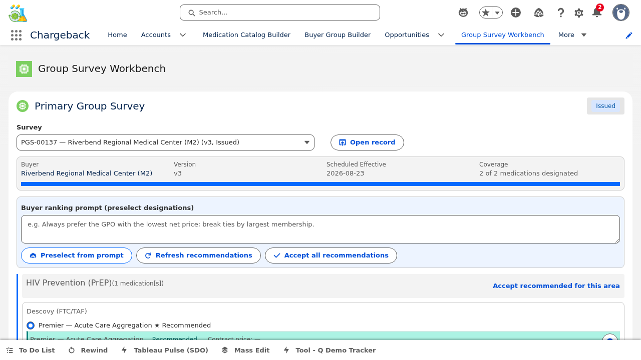 Primary Group Survey Builder — medication designation detail with pricing and recommended buyer groups