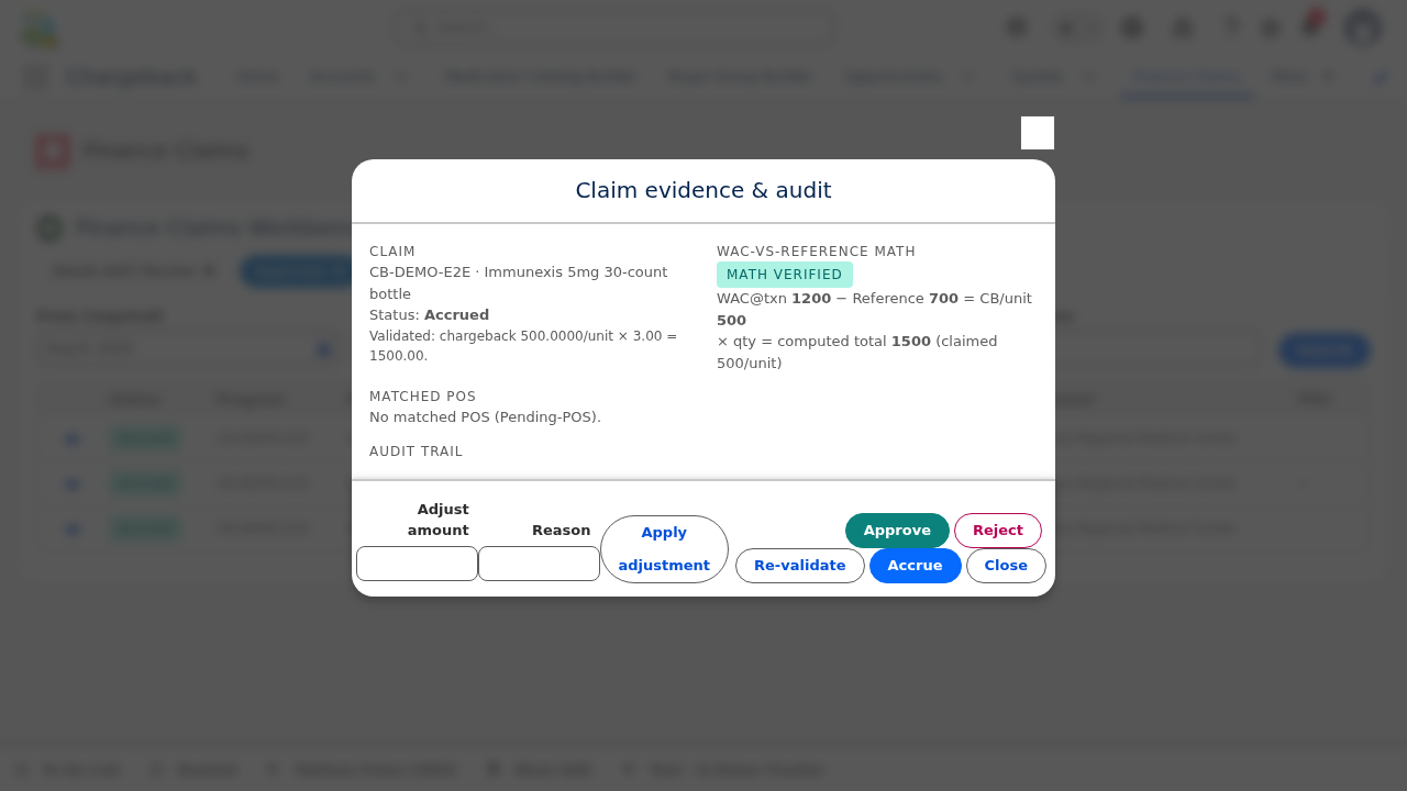 Finance Claims claim evidence and audit dialog