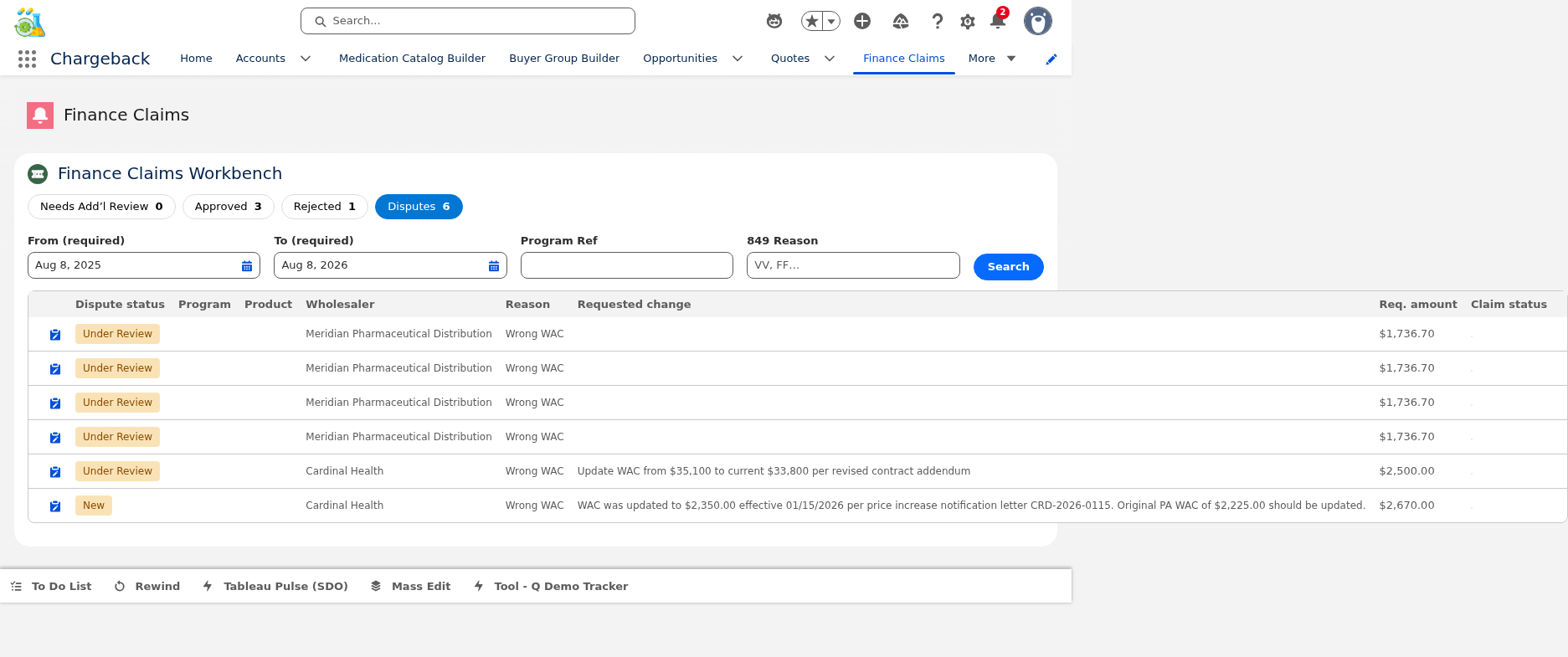 Finance Claims Disputes view showing 6 disputed claims