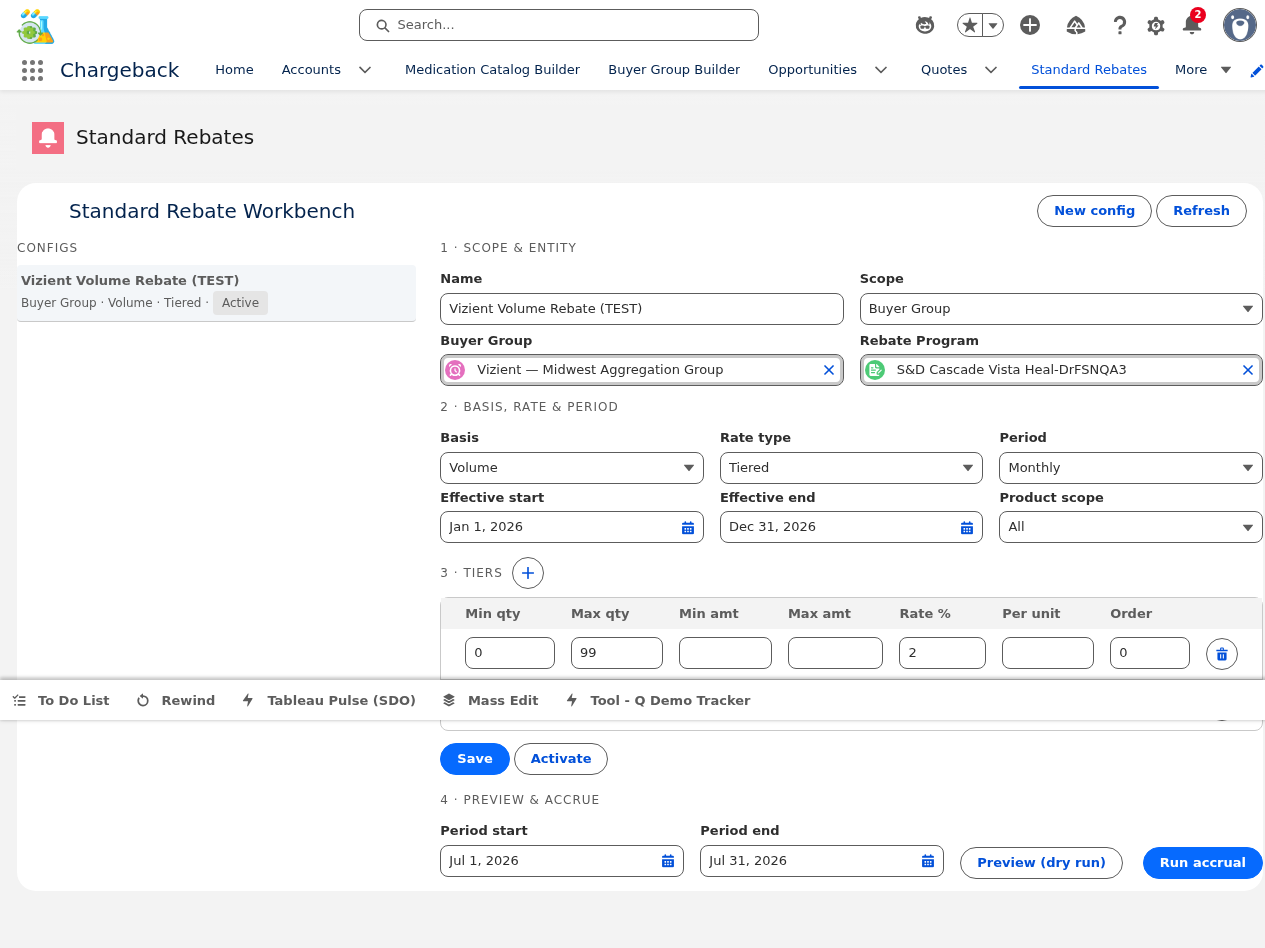 Rebate tier editor with volume-based pricing tiers