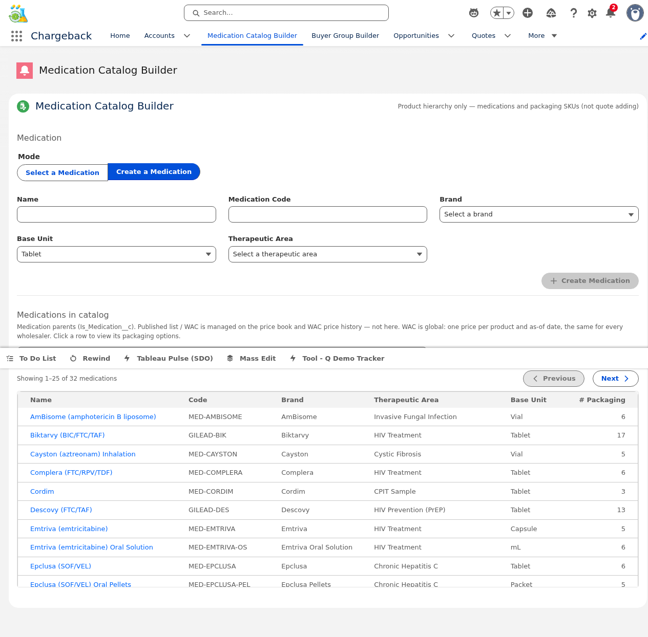 Medication Catalog Builder — create medication form with name, code, brand, and therapeutic area fields