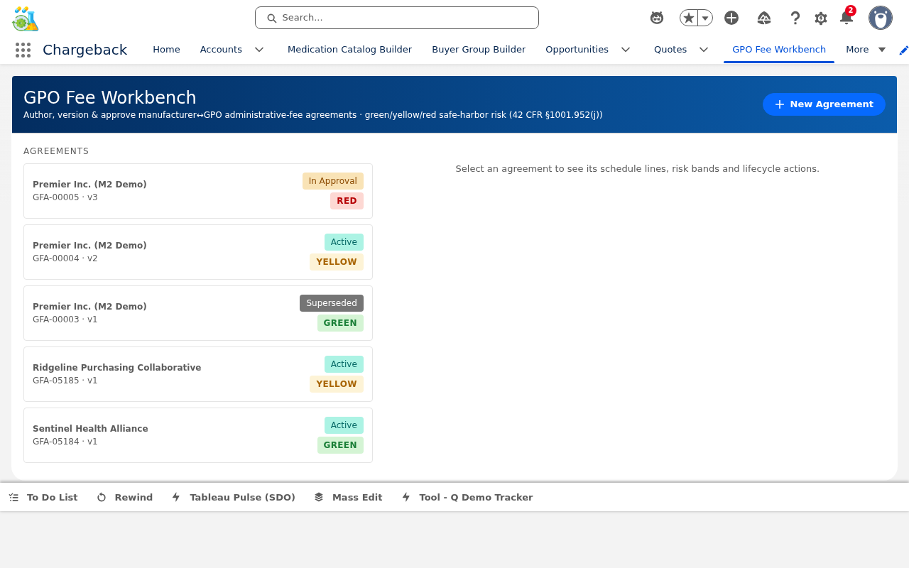 GPO Fee Workbench showing 5 GPO agreements