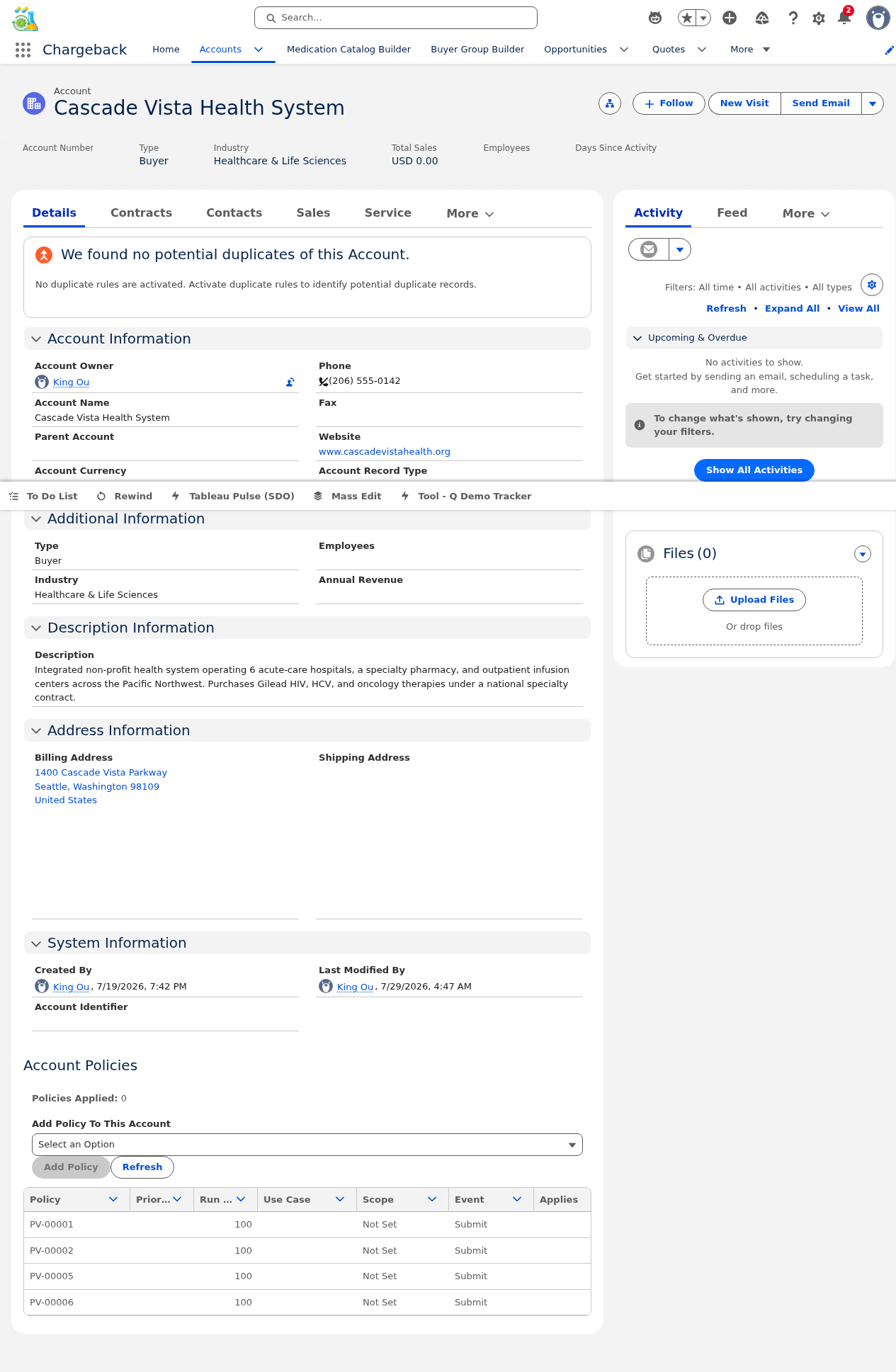 Account Policies grid showing PV validation rules