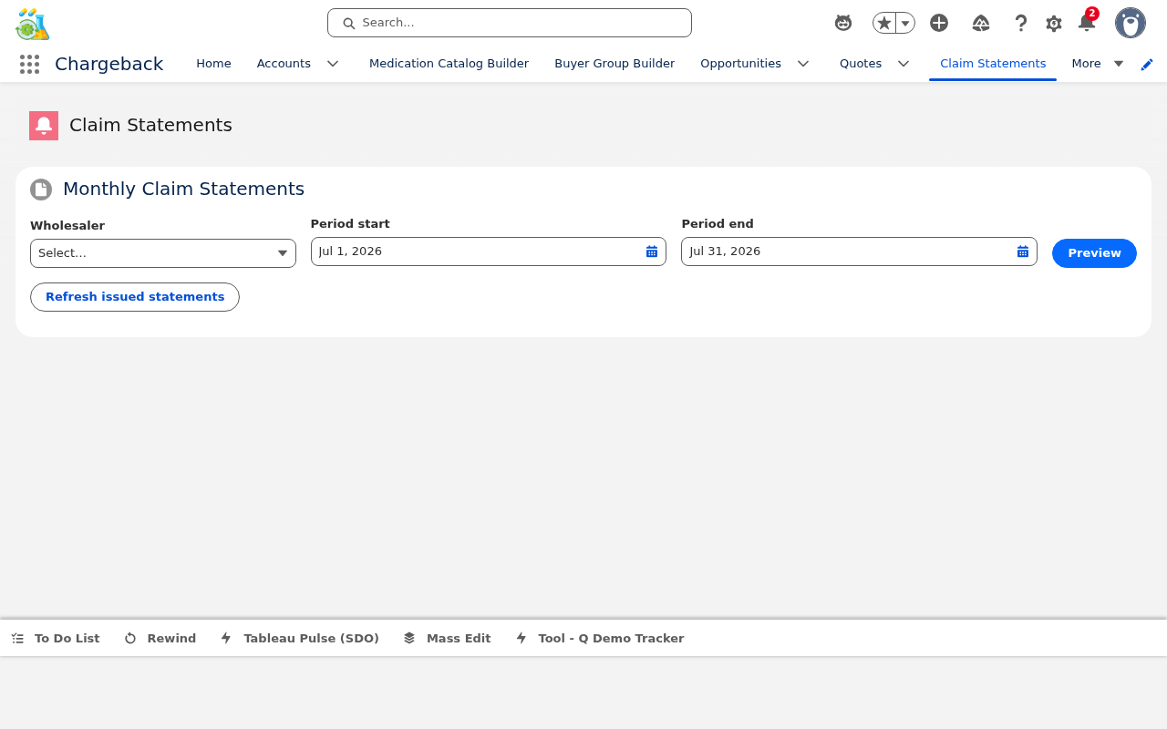 Claim Statement Workbench with wholesaler selector