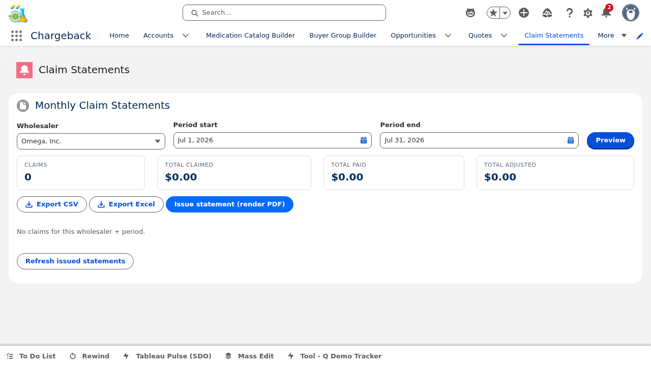 Claim Statement preview with KPI cards for Omega Inc