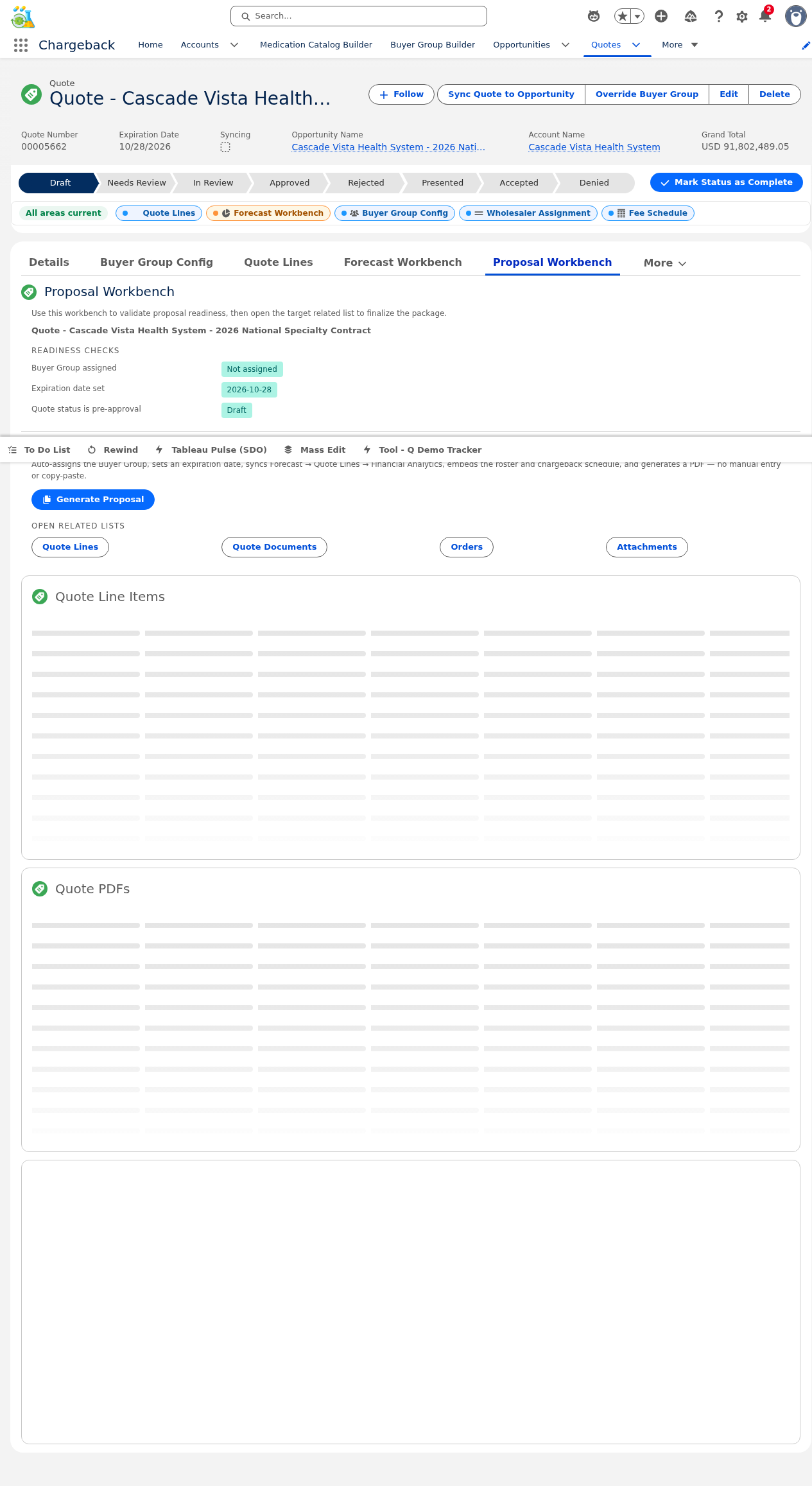 Proposal Workbench showing readiness checklist