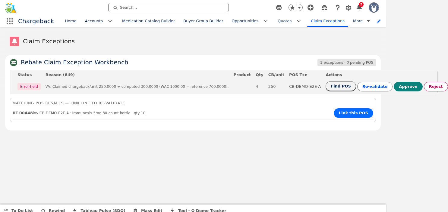 Claim Exception detail with Find POS matching panel