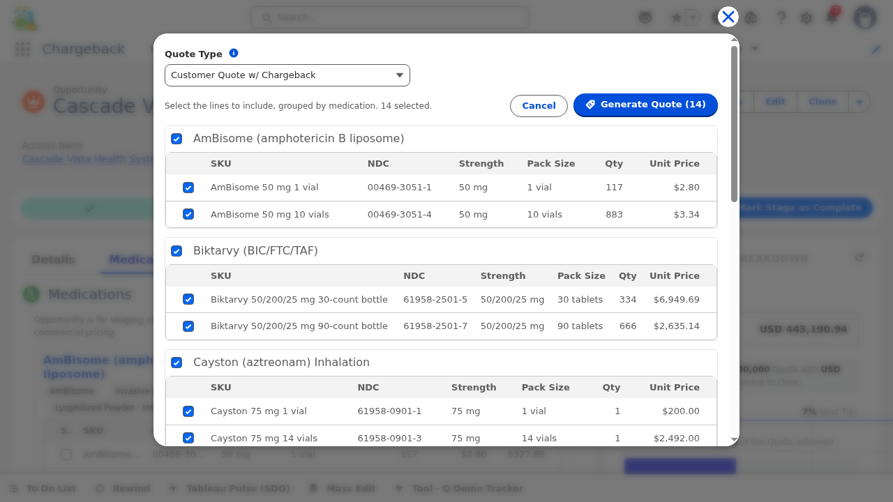 Generate Quote dialog with medication selection checklist