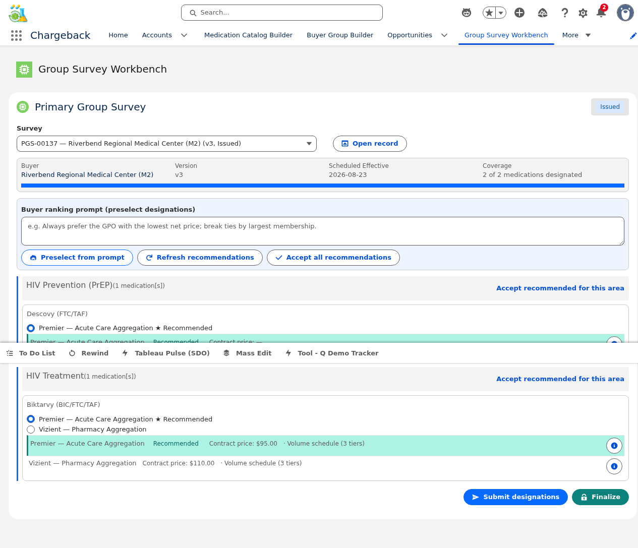Primary Group Survey Builder — survey workbench with medication designations and buyer group recommendations