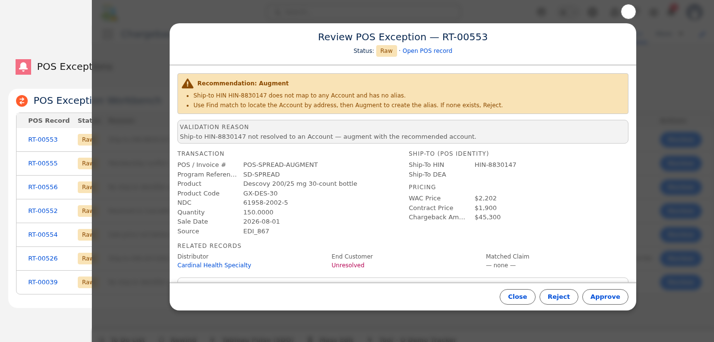 POS Exception review dialog with account match recommendations