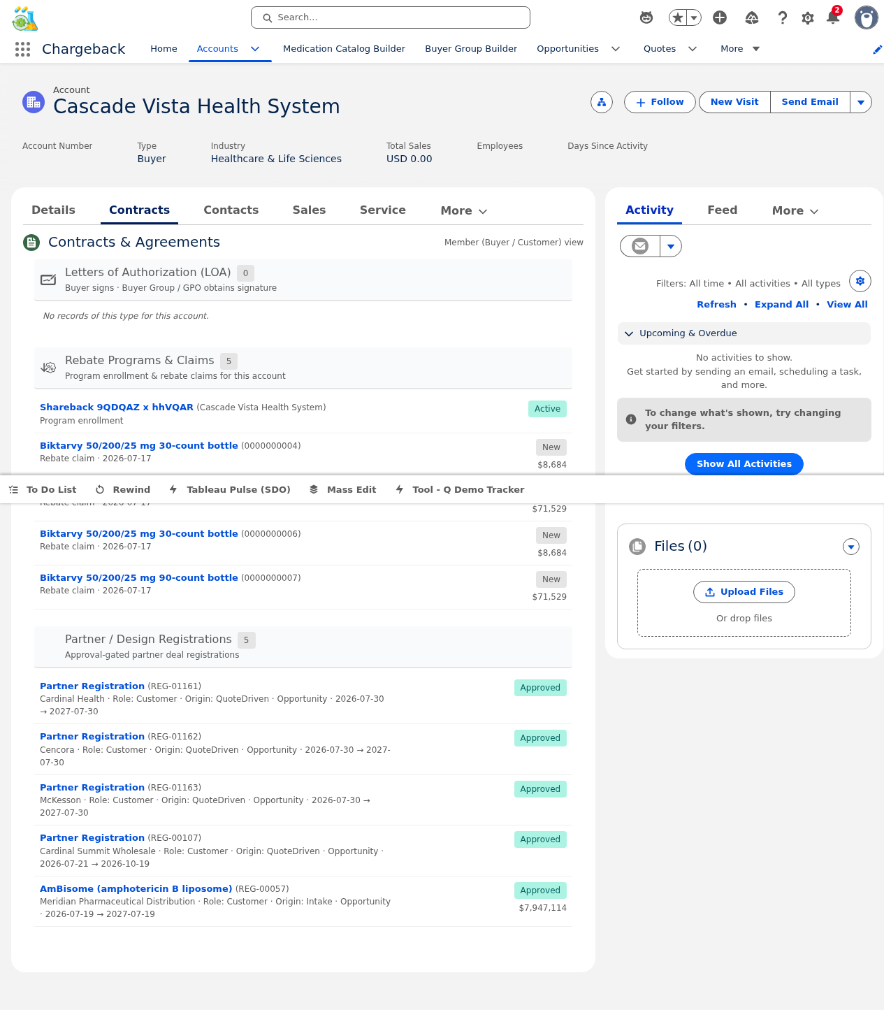 Cascade Vista Health System account Contracts tab