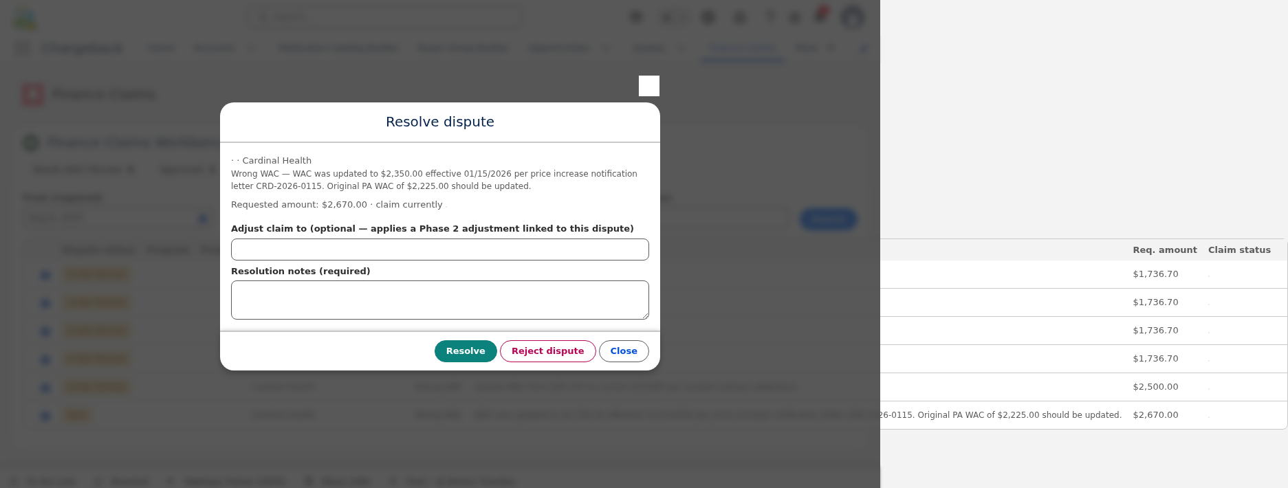 Dispute resolution dialog for wholesaler claim