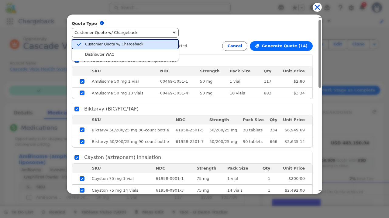 Generate Quote flow showing Quote Type dropdown selector