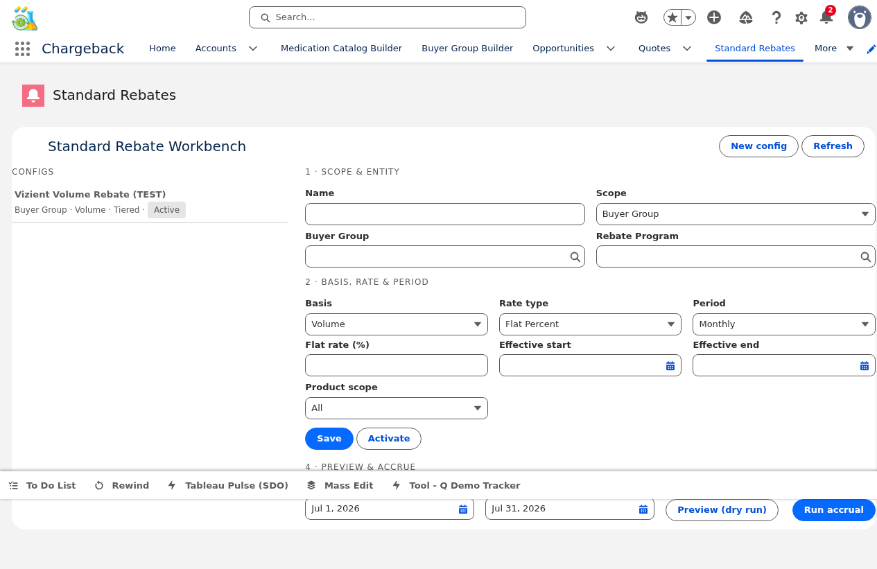 Standard Rebate Workbench showing rebate programs list
