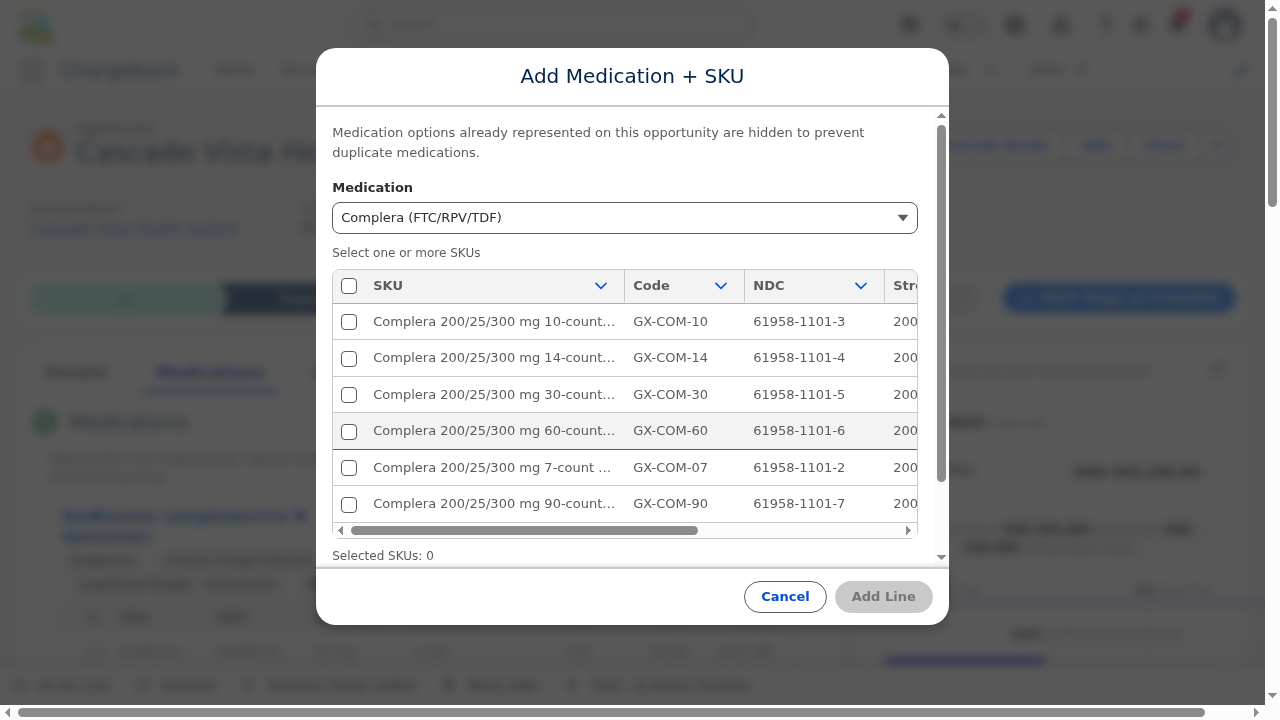 Add Medication + SKU modal with medication dropdown and SKU selection grid