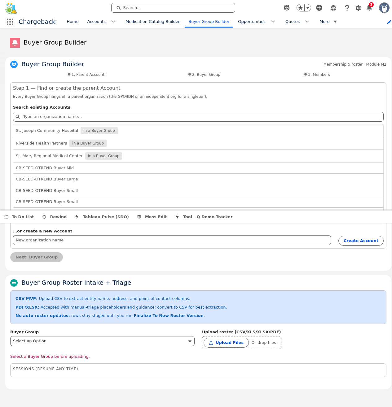 Buyer Group Builder — main view with wizard steps and account search